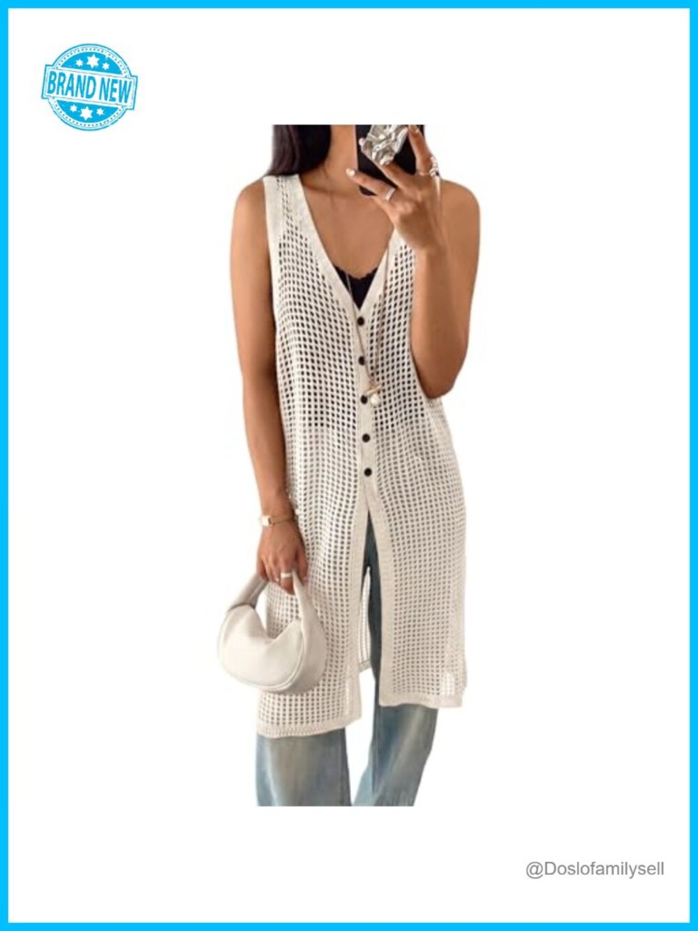 Crochet V Neck Sleeveless Button Down Long Cardigan Beach Cover Up